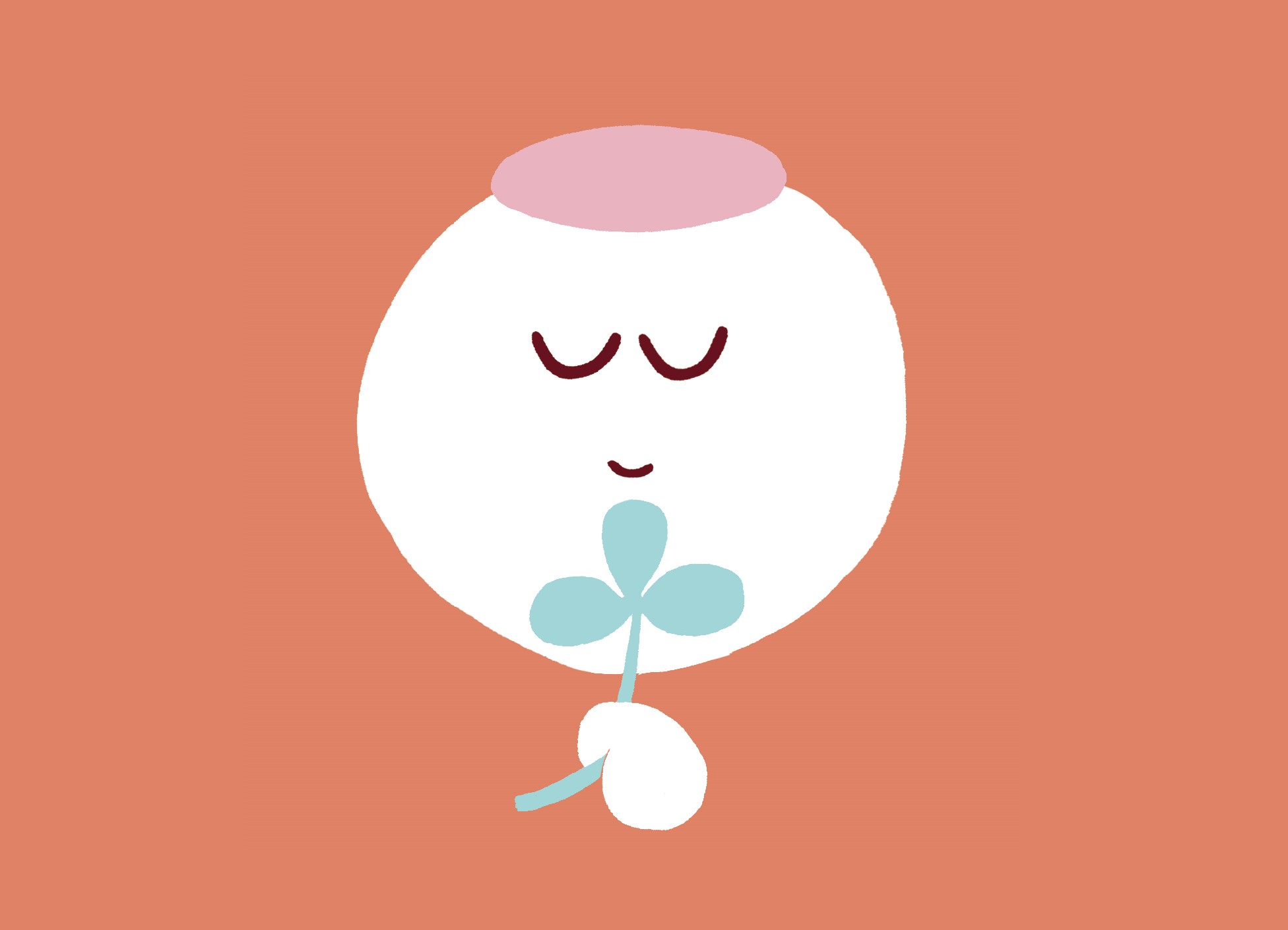 Yksinkertainen piirros, jossa hymyilevä pyöreä hahmo pitää käsissään kolmiapilaista kasvia vaaleanpunaisella taustalla.
