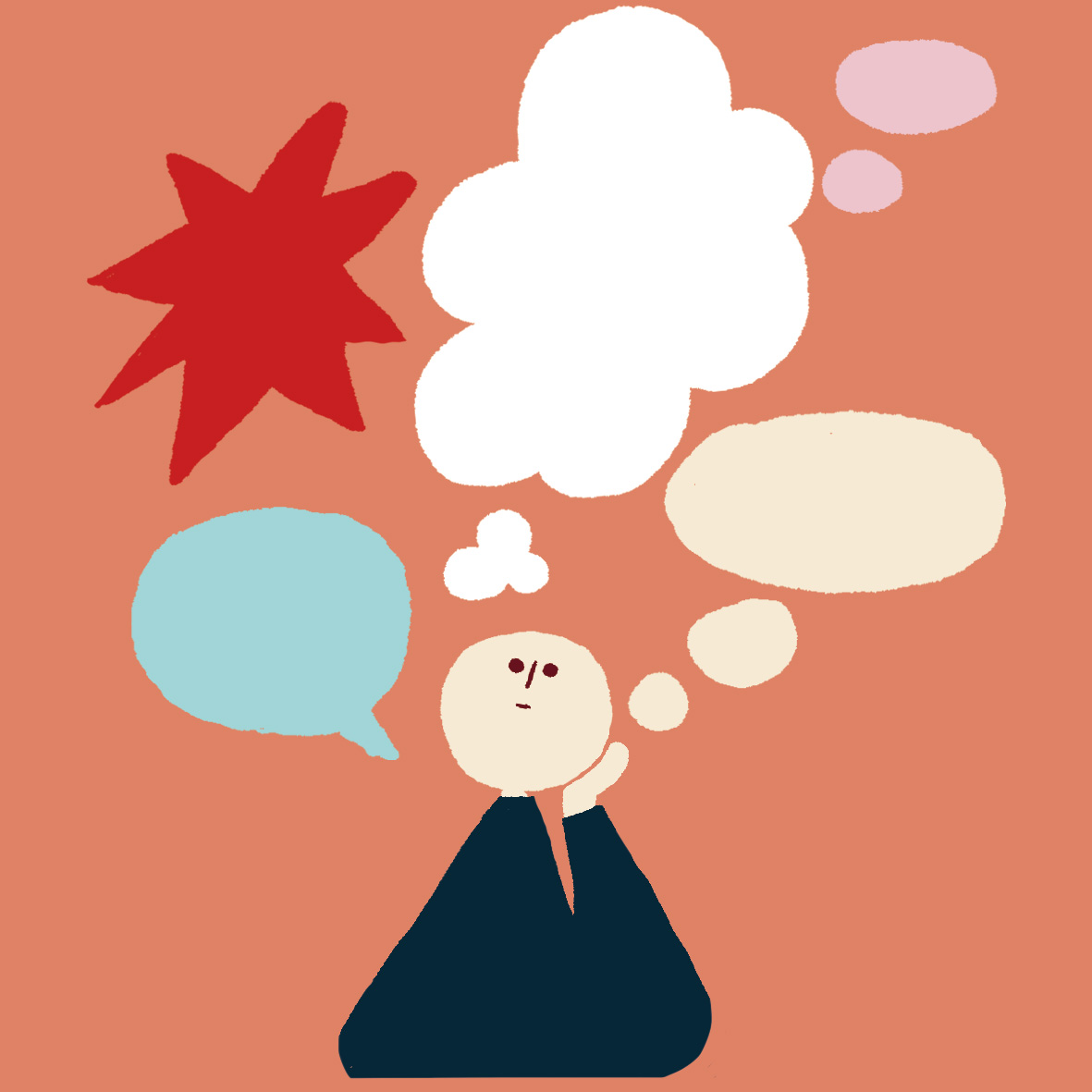 Piirros, jossa henkilö pähkäilee eri kokoisten ja väristen puhekuplien keskellä oranssilla taustalla.