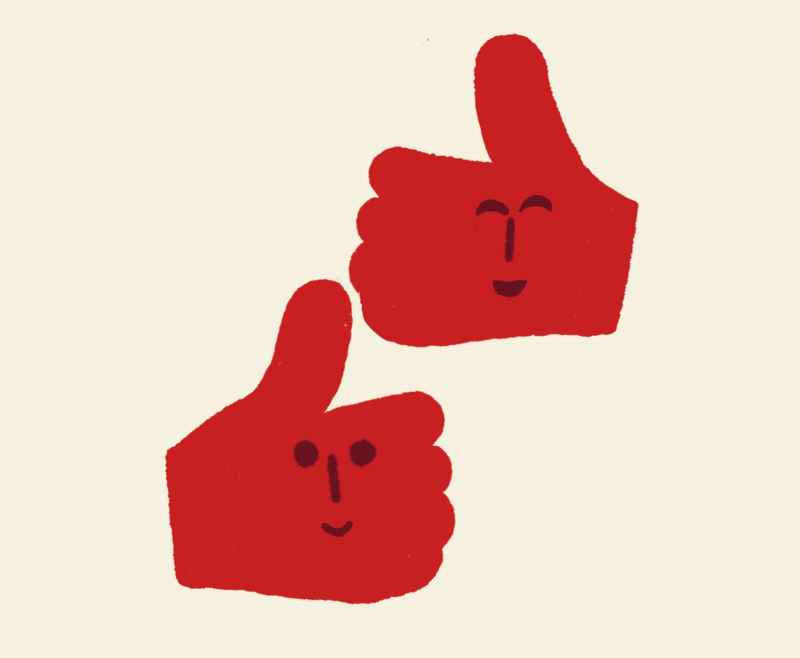 Kaksi punaista peukalon ylös -kättä, joissa on yksinkertaiset naamat, vaalealla taustalla.