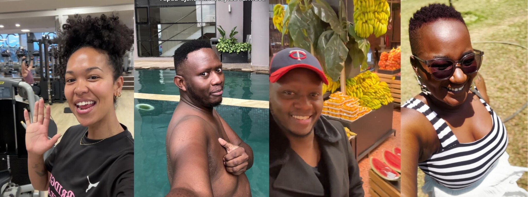 Kuvakollaasi, jossa neljä henkilöä eri ympäristöissä: ensimmäinen hymyilee ja vilkuttaa, toinen poseeraa uimarannalla, kolmas hymyilee kauppakojujen edessä ja neljäs aurinkolasit päässään ulkona.