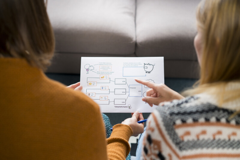 Kaksi ihmistä katsoo ja osoittaa paperilla olevaa kaaviota tai suunnitelmaa istuessaan sohvalla.