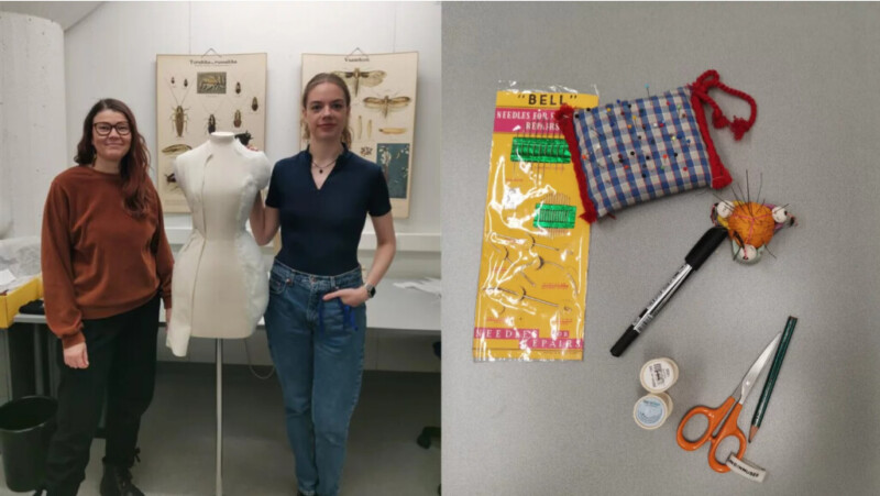 Two women standing next to a white dress form in a workspace on the left; on the right, a flat lay of sewing and crafting materials including scissors, thread, a pen with a decorative topper, a small checkered pouch, and packaged yellow tape.