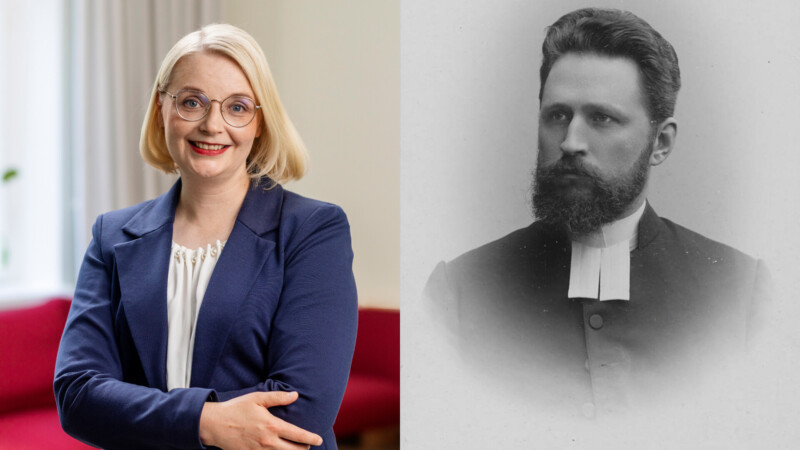 Oikealla mustavalkoinen kuva parrakkaasta miehestä.