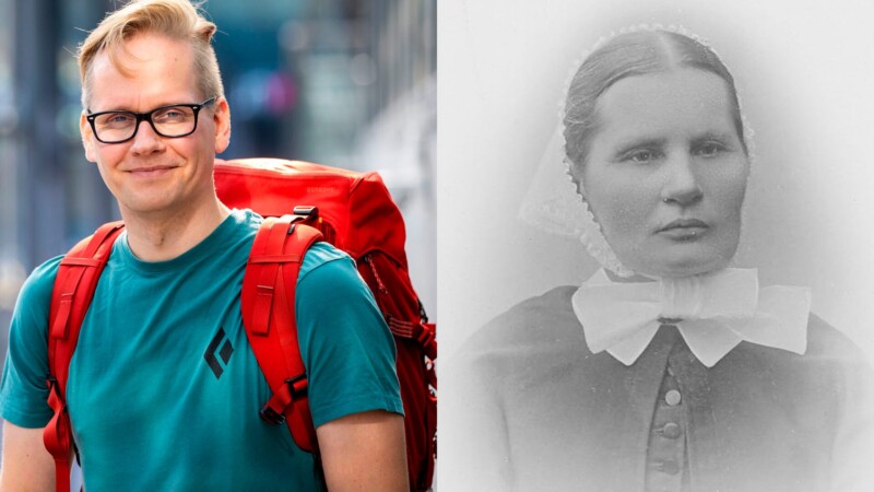 Kaksi kuvaa rinnakkain: vasemmalla värikuva vaaleahiuksisesta miehestä joka katsoo hymyillen kameraan, oikealla vanha mustavalkokuva vakavasta naisesta.