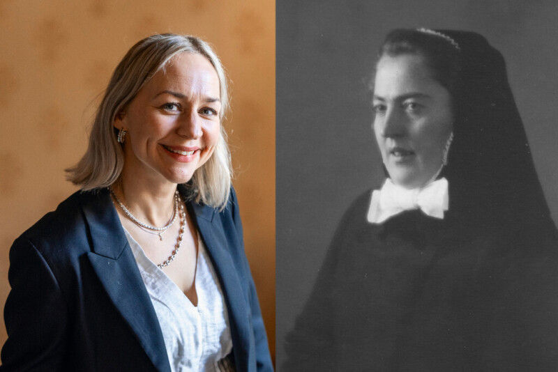 Vasemmalla mustaan jakkuun pukeutunut vaaleahiuksinen nainen katsoo hymyillen kameraan. Oikealla mustavalkoinen kuva hieman iäkkäämmästä naisesta.