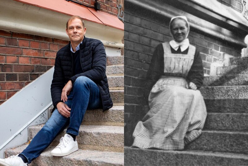 Vasemmalla kuva portailla istuvasta miehestä. Oikealla vanha mustavalkokuva samasta paikasta, tällä kertaa portailla istuu mekkoon pukeutunut nainen.