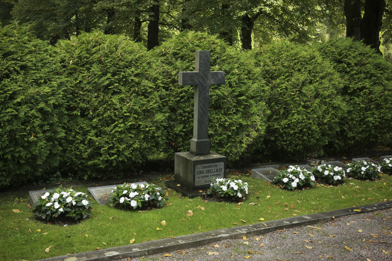 Ristillä ja hautakivi ja useita valkoisia kukka-asetelmia haudoilla Malmin hautausmaalla, taustalla tiheä vihreä pensasaita.