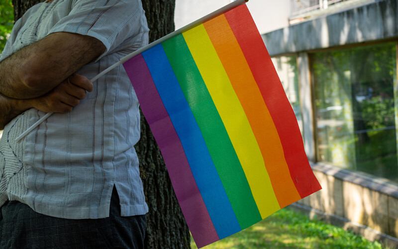 Person som håller en regnbågsflagga vid en trädstam utomhus.