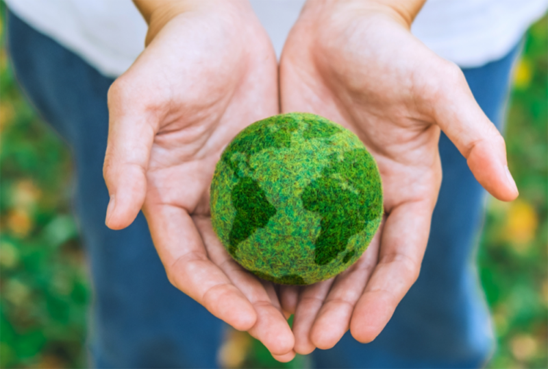 Vihreä maapallo kämmenten välissä.