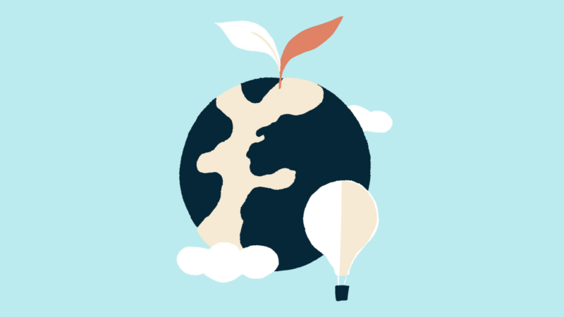 Maapallo, jonka ympärillä pilviä ja kuumailmapallo. Piirroskuva.