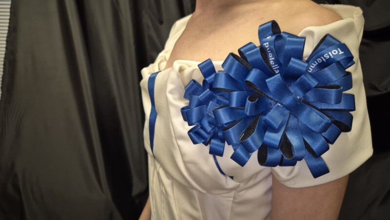 Juhla-asun yksityiskohta, jossa sinisiä ruusukkeita, joissa teksti Toistemme puolella.