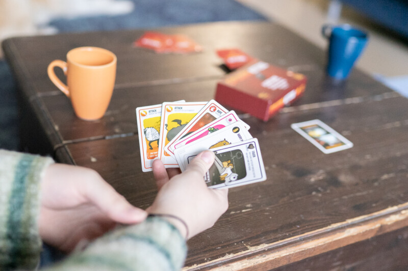 Kädet pitelevät kortteja.