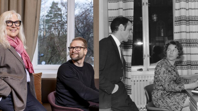 Kuvakollaasi, jossa vasemmalla kaksi nykyaikaista henkilöä istuu ja hymyilee valoisassa huoneessa ikkunan ääressä, oikealla mustavalkoinen kuva kahdesta keskustelevaa henkilöstä vanhassa sisätilassa.