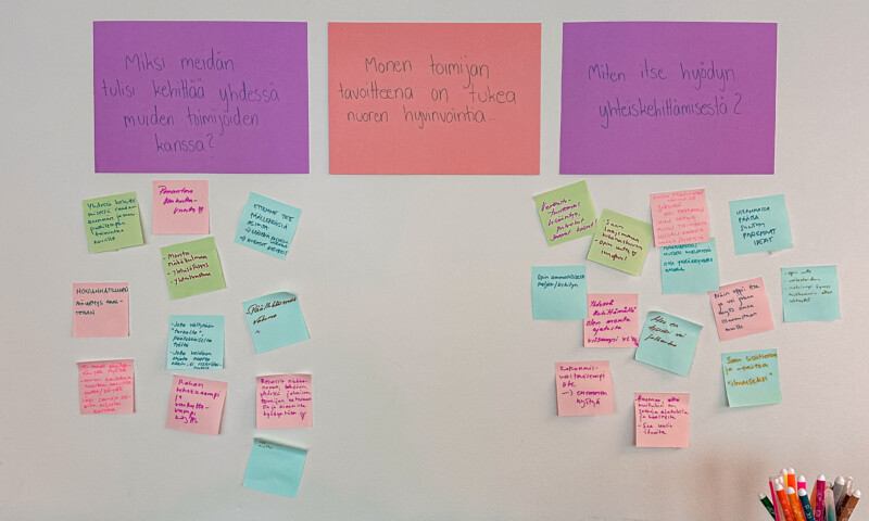 Seinä, johon on kiinnitetty eri värisiä post-it-lappuja, joissa on käsin kirjoitettuja muistiinpanoja nuorten mielenterveyden tukemisen ja yhteistyön teemoista.