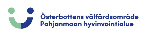 Logo, jossa on sininen ja vihreä puolipyöreä symboli sekä teksti "Österbottens välfärdsområde Pohjanmaan hyvinvointialue".