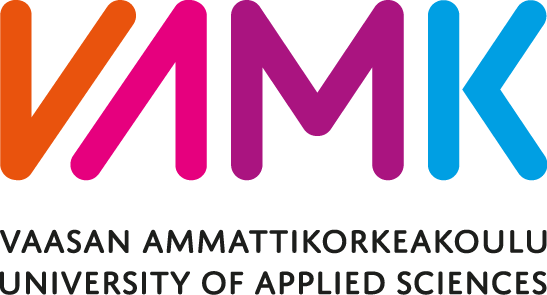 VAMK-logo, jossa värikkäät kirjaimet V (oranssi), A (vaaleanpunainen), M (violetti) ja K (sininen), alla teksti "Vaasan ammattikorkeakoulu University of Applied Sciences" mustalla.