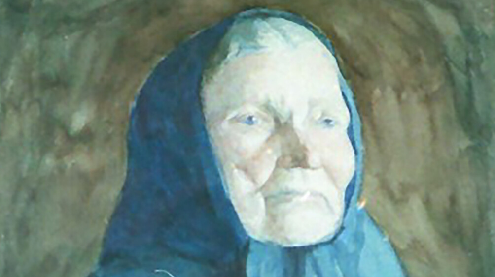 Vanhahko nainen sinisessä huivissa, muotokuva maalauksena, taustalla ruskeita ja harmaita sävyjä.