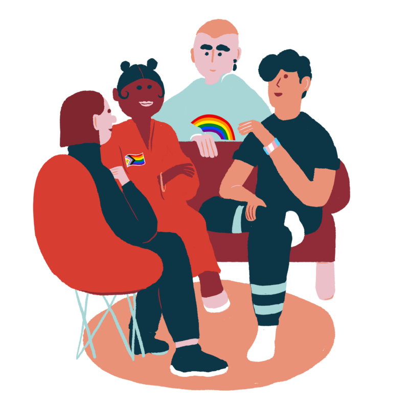 Piirros neljästä erinäköisestä ihmisestä istumassa lähekkäin ringissä, hymyillen ja jutellen; yksi laittaa kätensä toisen olkapäälle, ja heidän vaatteissaan sekä pinneissään on sateenkaarivärejä symboloimassa yhteenkuuluvuutta.