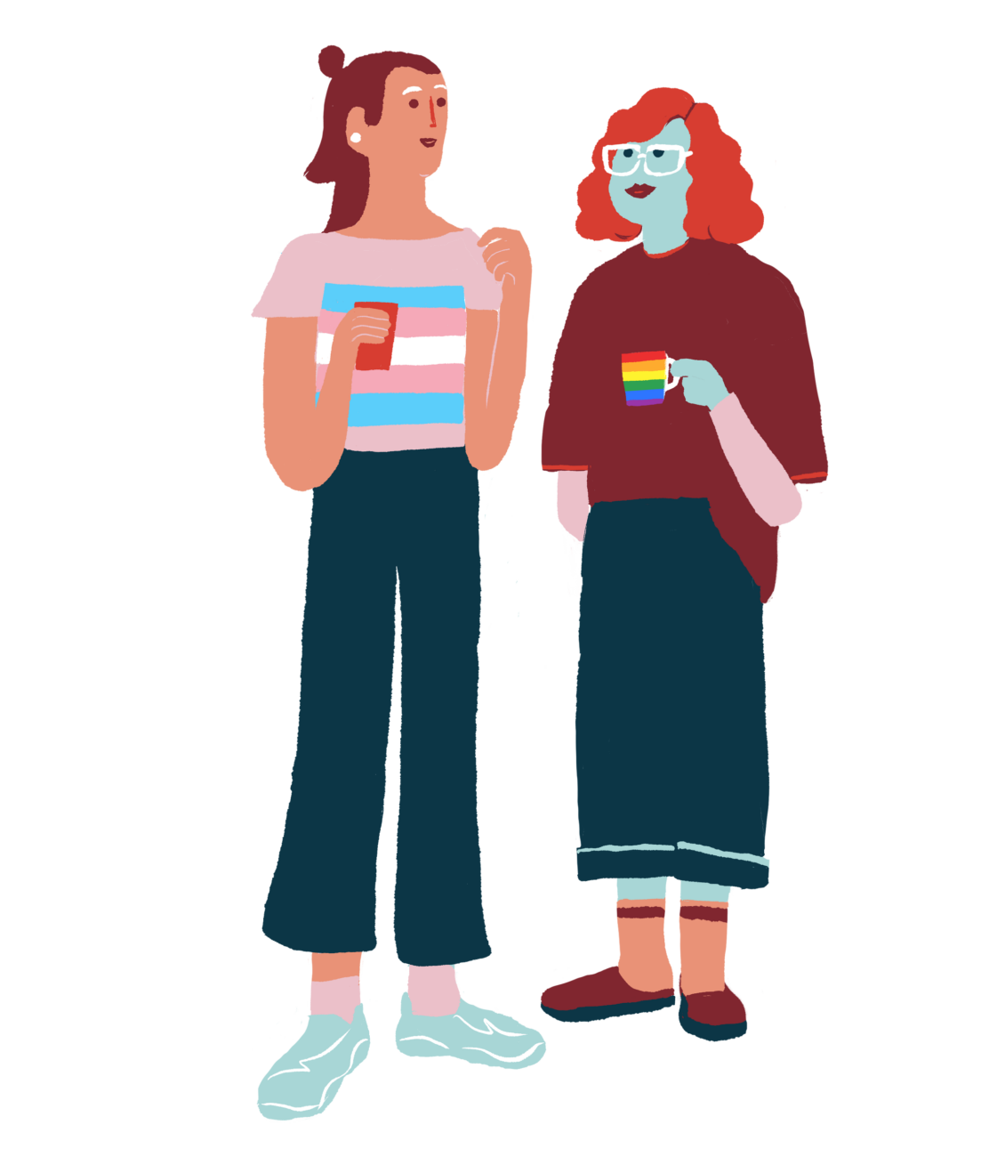 Piirretty kuva kahdesta hymyilevästä ihmisestä seisomassa: vasemmalla henkilö, jolla on trans-lipun värinen paita ja juomakuppi kädessä, oikealla henkilö oransseissa hiuksissa ja valkoisissa silmälaseissa pitelee mukia, jossa on sateenkaari.