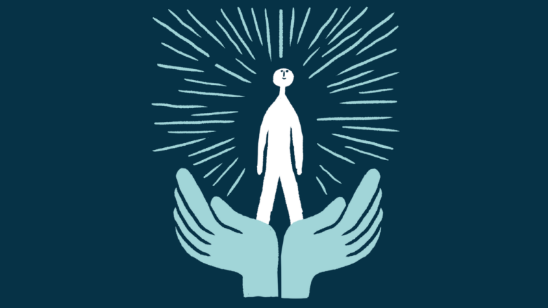 Tyylitelty kuva: valkoinen ihmishahmo seisoo kahden avoimen vaaleanturkoosin käden päällä, ympärillä säteitä tummanturkoosilla taustalla.