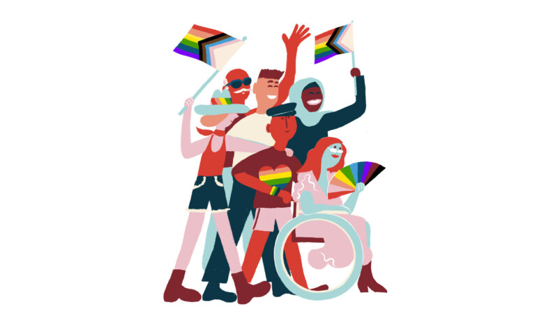 Piirroskuva iloisesta, monimuotoisesta ihmisryhmästä juhlimassa Pridea: eri sukupuolia ja ihonsävyjä, useita heilahtavia sateenkaarilippuja, yksi henkilö pyörätuolissa ja sateenkaarivärejä vaatteissa.