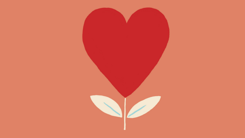 Piirros: punainen sydän kuvattuna kukkana, ohut varsi ja kaksi vaaleaa lehteä vaaleanpunaisella taustalla.