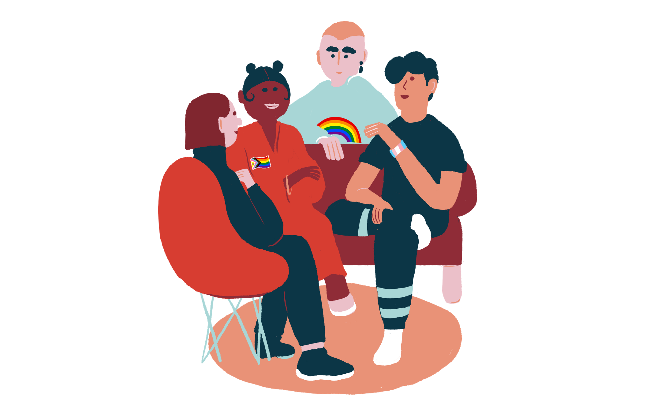 Piirros neljästä eri näköisestä ihmisestä istumassa ringissä keskustellen; yksi istuu punaisessa tuolissa, toisilla on sateenkaari- ja pride-symbolit vaatteissa, kuva viestii yhteenkuuluvuudesta ja moninaisuuden hyväksymisestä.