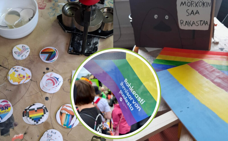 Kollaasi, jossa vasemmalla nappikone ja useita pride-pinssikuvioita pöydällä, oikeassa yläkulmassa pöytäjuliste piirrosolennosta ja teksti "Mörkökin saa rakastaa", oikeassa alakulmassa levitetty sateenkaarilippu ja keskellä ympyräkuva ihmisjoukosta sateenkaarivarjon alla.