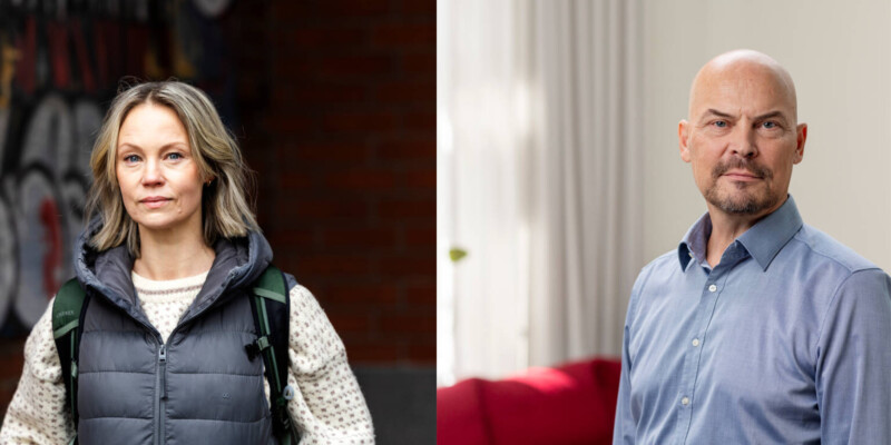 Pariin asetettu valokuva: vasemmalla ulkona seisova nainen harmaassa toppaliivissä ja repulla, taustalla tiiliseinä ja graffitia, oikealla sisätiloissa oleva keski-ikäinen kaljuuntuva mies sinisessä paidassa, vaaleat verhot ja punainen sohva taustalla.