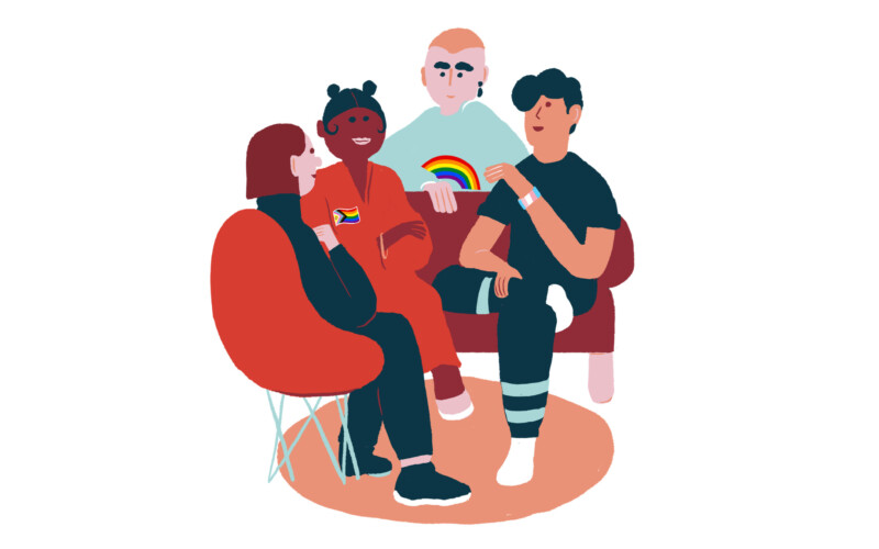 Piirros neljästä nuoresta eri taustoista istumassa ringissä ja keskustelemassa; yksi pitää kädessään kupillista ja toisella näkyy sateenkaarimerkki, kuva välittää yhteenkuuluvuutta ja tukea.