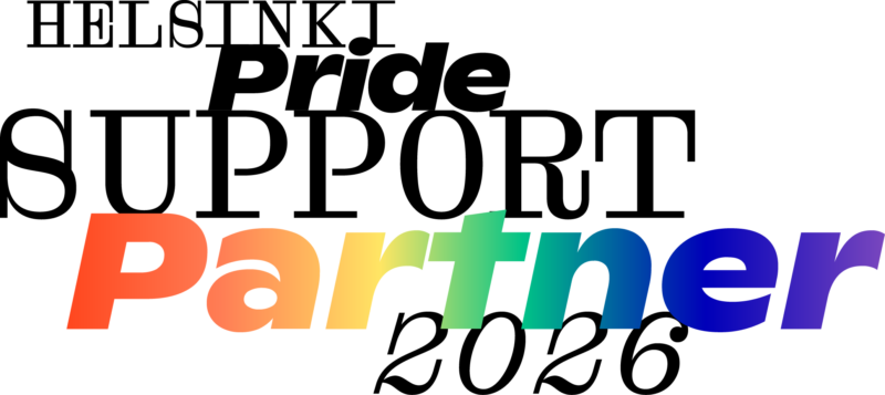 Pride-tukikumppanilogo, jossa tekstit "HELSINKI", "Pride", "SUPPORT" ja "2026" mustina ja sana "Partner" näkyy suurena sateenkaaren väreissä (punainen, oranssi, keltainen, vihreä, sininen, violetti).