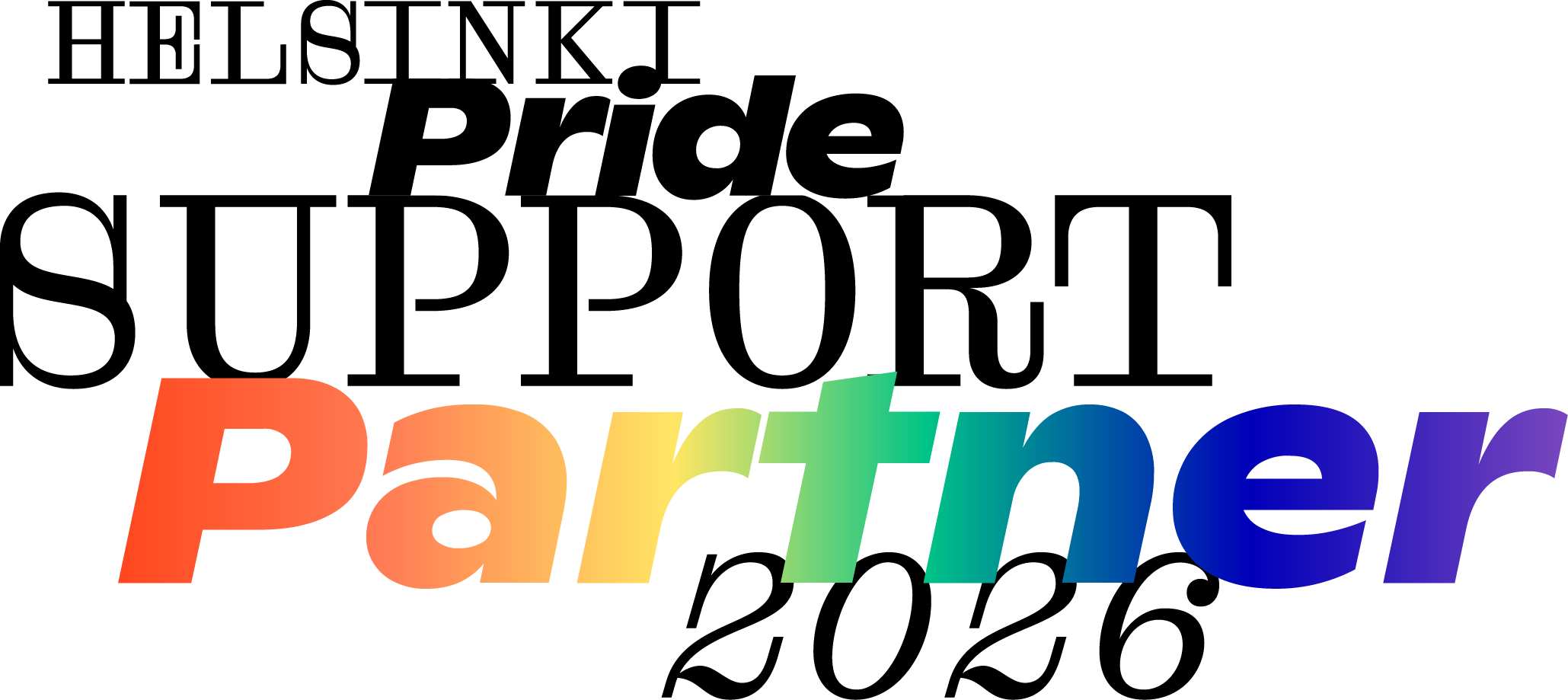 Pride-tukikumppanilogo, jossa tekstit "HELSINKI", "Pride", "SUPPORT" ja "2026" mustina ja sana "Partner" näkyy suurena sateenkaaren väreissä (punainen, oranssi, keltainen, vihreä, sininen, violetti).