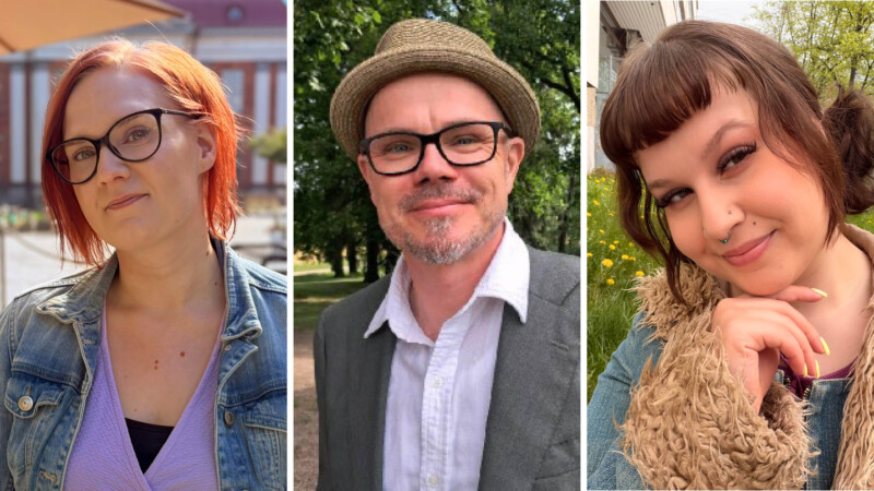 Kolme rinnakkaista lähikuvaa: vasemmalla punatukkainen nainen silmälaseissa farkkutakissa ja violetti paita, keskellä keski-ikäinen mies hatussa, silmälaseissa ja kauluspaidassa liivillä, oikealla ruskeahiuksinen nainen otsahiuksilla, hymyillen ulkoilmataustalla,