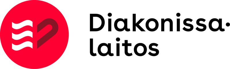 Diakonissalaitoksen logo: punainen ympyrä, jossa kolme valkoista aaltoilevaa viivaa ja tummempi punaisen sävyinen sydäntä muistuttava symboli; vieressä teksti "Diakonissalaitos".