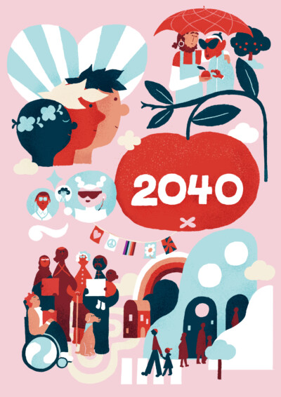 Värikäs kuvitus, jossa suuri punainen omena, jonka keskellä valkoinen vuosiluku "2040", ja ympärillä monimuotoisia ihmishahmoja eri-ikäisiä ja eri taustoista sekä pyörätuolia ja perheitä, sydän, kasvi, sateenvarjo, sateenkaari ja liput symboloimassa osallisuutta, hyvinvointia ja yhteisöllistä tulevaisuutta – Diakonissalaitoksen osallistavan tulevaisuustyön kuvitus.